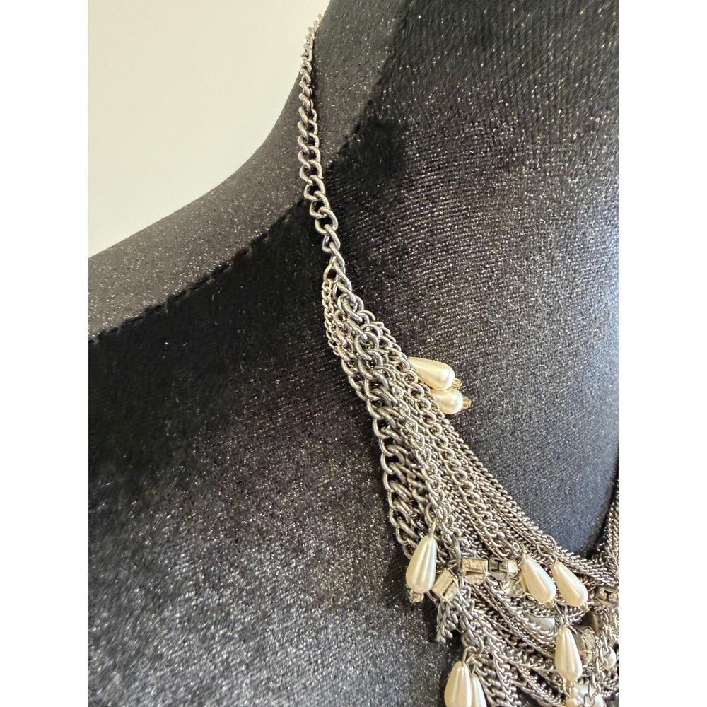Silver Tone Multi Strand Bib Statement Necklace Faux Pearl Teardrop Rhinestone - Picture 4 of 5